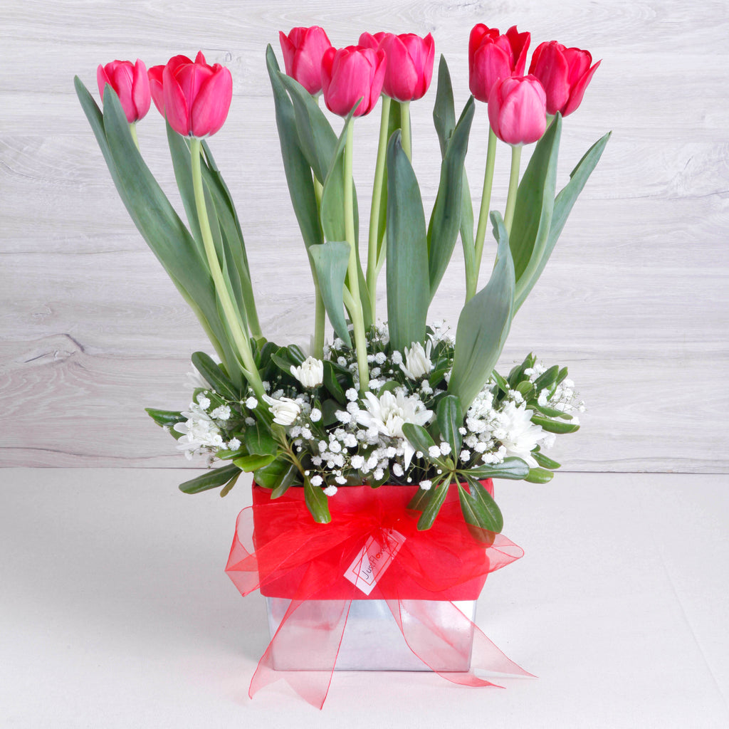 Arreglo de Tulipanes Rojos – Pasión y Amor con Base Metálica