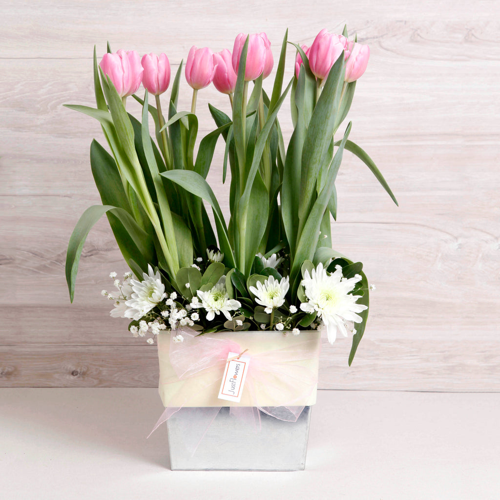 Arreglo de Tulipanes Rosados – Delicadeza y Ternura con Base Metálica